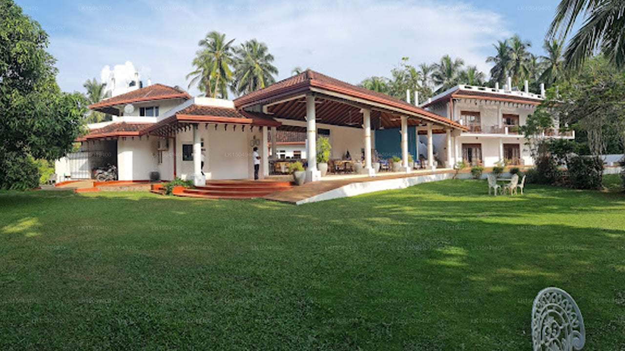 A view of the exterior of a hotel in Bentota, Sri Lanka, featuring a white and green building with a terrace and a garden.
