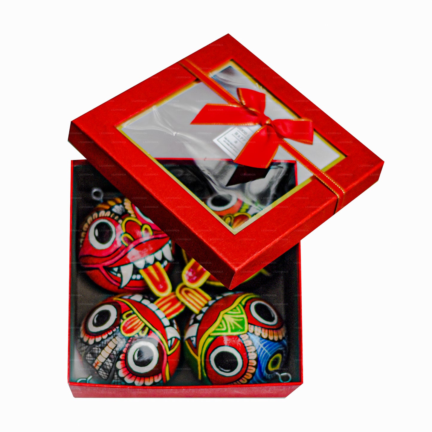 Tradycyjne maski Raksha Sri Lanki (Mayura, Maru, Agni, Naga) pomalowane na skorupkach kokosowych (opakowanie 4 szt.)