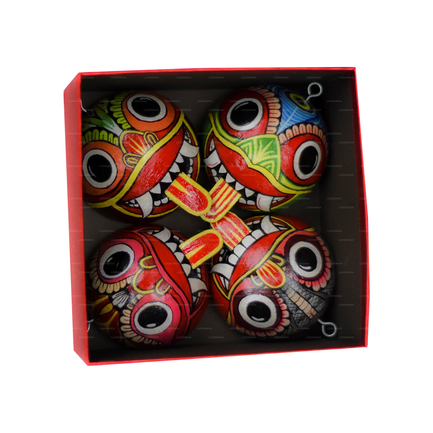 Tradycyjne maski Raksha Sri Lanki (Mayura, Maru, Agni, Naga) pomalowane na skorupkach kokosowych (opakowanie 4 szt.)