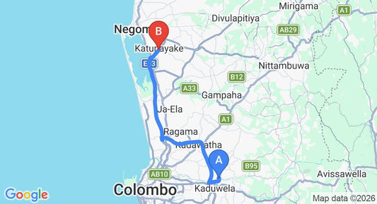 Driving route map: Biyagama to Colombo Airport (CMB) (38 km, approx 38 min private transfer)