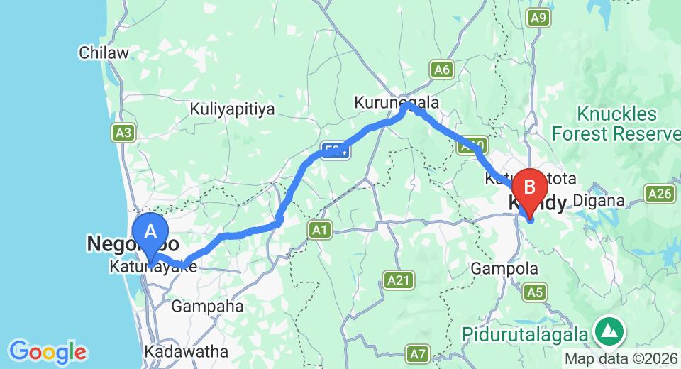 Driving route map: Colombo Airport (CMB) to Kandy Bungalow, Kandy (116 km, approx 2 h 59 min private transfer)
