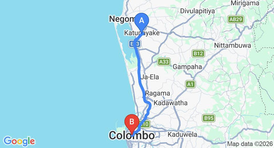 Driving route map: Colombo Airport (CMB) to Casa, Colombo (32 km, approx 39 min private transfer)