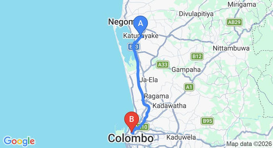 Driving route map: Colombo Airport (CMB) to Victoria Park Mansions, Colombo (32 km, approx 39 min private transfer)