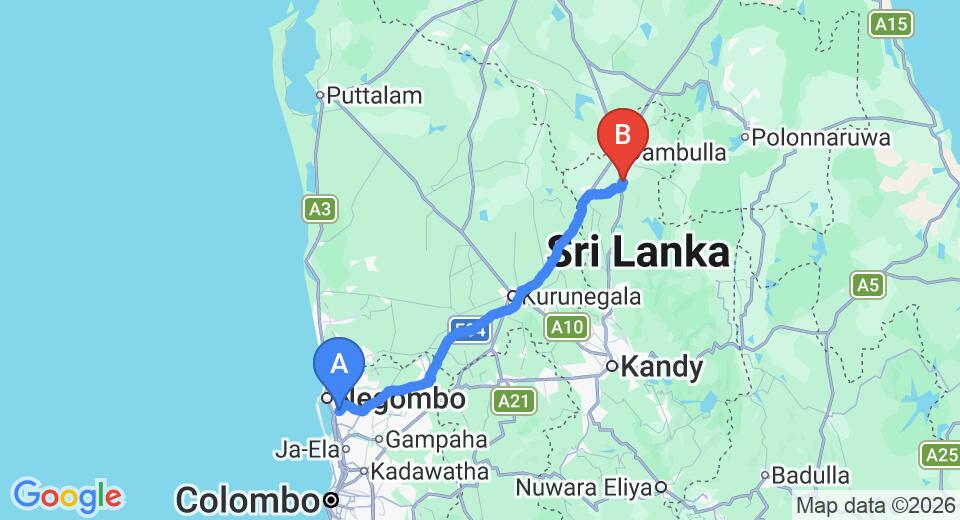 Driving route map: Colombo Airport (CMB) to Arika Villa, Dambulla (127 km, approx 2 h 54 min private transfer)