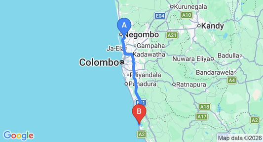 Driving route map: Colombo Airport (CMB) to Villa Ranmenika, Ahungalla (122 km, approx 1 h 59 min private transfer)