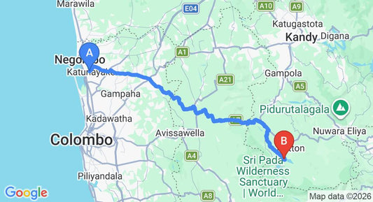 Driving route map: Colombo Airport (CMB) to Camellia Hills, Hatton (122 km, approx 4 h 6 min private transfer)