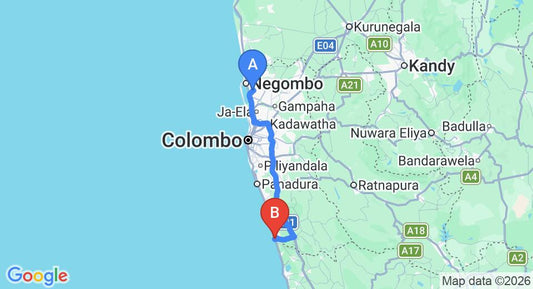 Driving route map: Colombo Airport (CMB) to Hotel Nilwala, Aluthgama (107 km, approx 1 h 40 min private transfer)