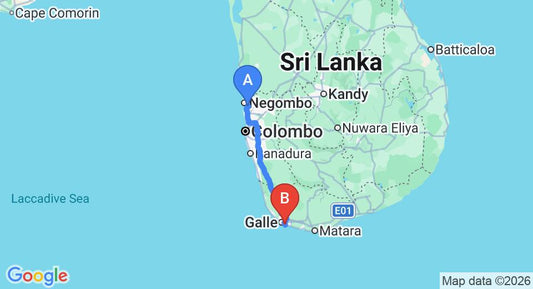 Driving route map: Colombo Airport (CMB) to Banana Garden, Unawatuna (153 km, approx 2 h 8 min private transfer)