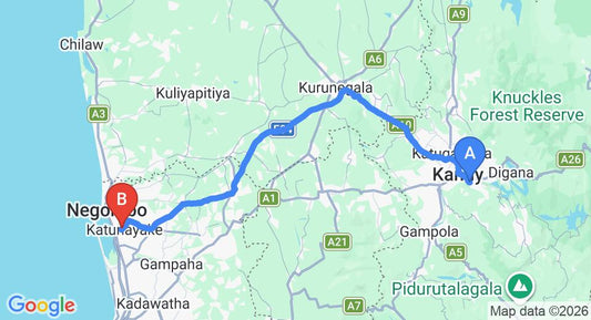 Driving route map: Ampitiya to Colombo Airport (CMB) (118 km, approx 2 h 56 min private transfer)