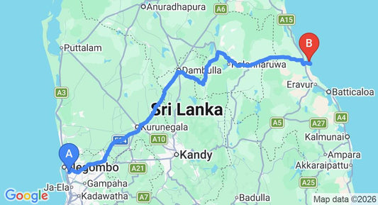 Driving route map: Colombo Airport (CMB) to Anantaya Resort and Spa Passikudah, pasikuda (268 km, approx 5 h 30 min private transfer)