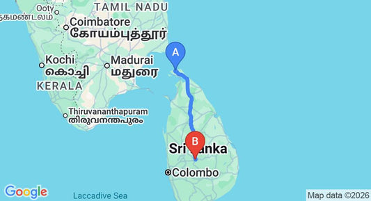 Driving route map: Jaffna (JAF) Airport to Kandy (327 km, approx 6 h 56 min private transfer)