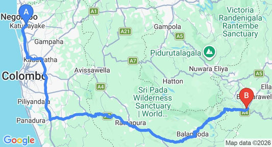 Driving route map: Colombo Airport (CMB) to Olympus Plaza Hotel, Haputale (209 km, approx 5 h 0 min private transfer)