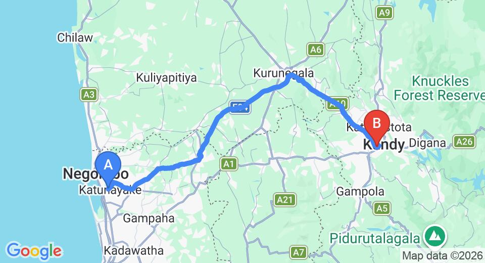 Driving route map: Colombo Airport (CMB) to Primrose Bungalow, Kandy (112 km, approx 2 h 46 min private transfer)
