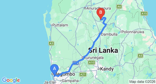 Driving route map: Colombo Airport (CMB) to Ritigala (182 km, approx 4 h 6 min private transfer)