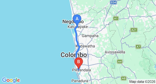 Driving route map: Colombo Airport (CMB) to Thelawala (48 km, approx 1 h 21 min private transfer)