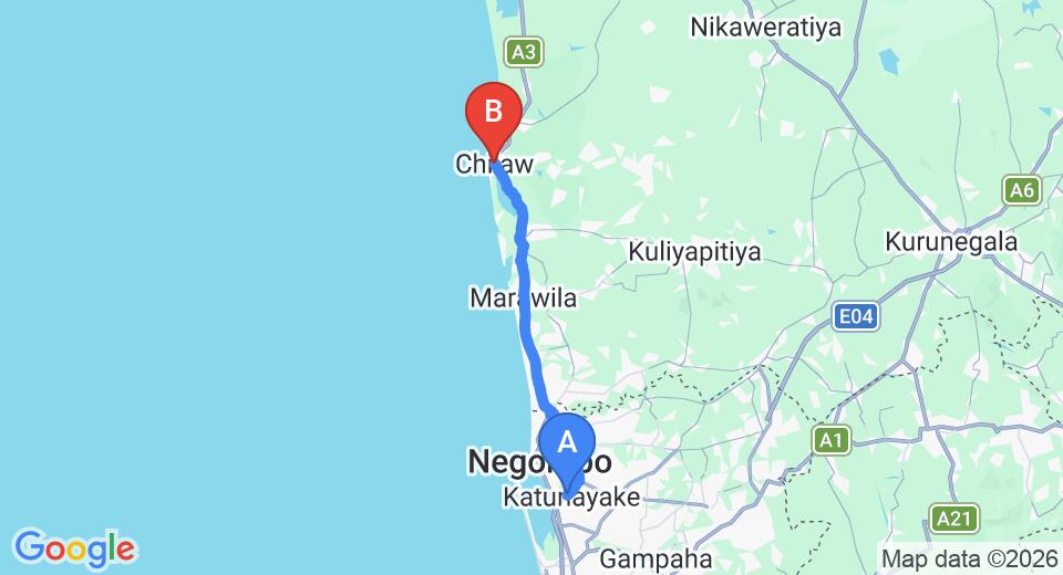 Driving route map: Colombo Airport (CMB) to Irana Villa, Chilaw (53 km, approx 1 h 29 min private transfer)