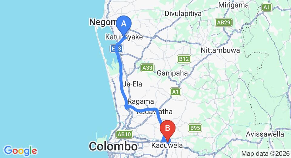Driving route map: Colombo Airport (CMB) to Rock Chalet, Kaduwela (40 km, approx 42 min private transfer)
