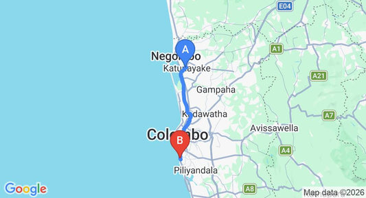 Driving route map: Colombo Airport (CMB) to Lavinia Villa, Mount Lavinia (42 km, approx 1 h 8 min private transfer)