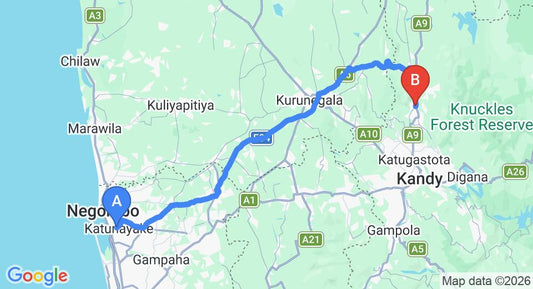 Driving route map: Colombo Airport (CMB) to Hotel Spring View, Matale (123 km, approx 2 h 53 min private transfer)
