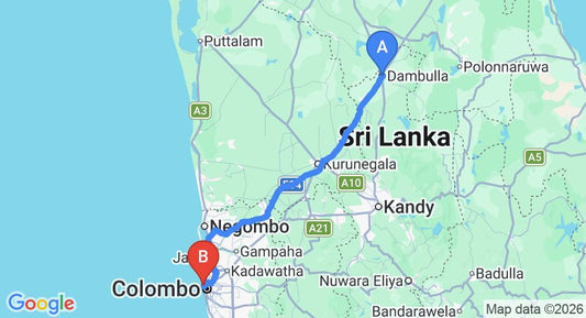 Driving route map: Dambulla to Colombo Seaport (162 km, approx 3 h 19 min private transfer)