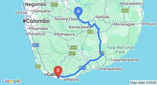 Driving route map: Nuwara Eliya to Weligama (234 km, approx 4 h 51 min private transfer)