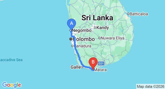 Driving route map: Colombo Airport (CMB) to 3 Sisters, Matara (192 km, approx 2 h 50 min private transfer)