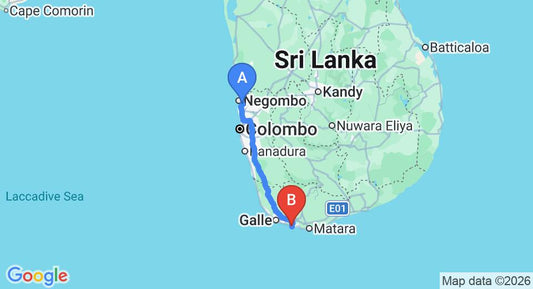 Driving route map: Colombo Airport (CMB) to Villa Coconut Grove, Ahangama (167 km, approx 2 h 24 min private transfer)