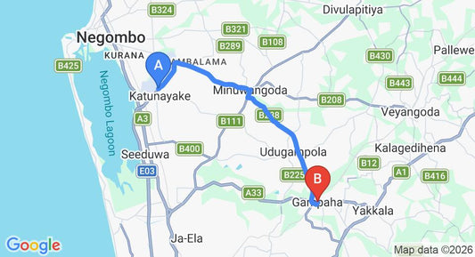 Driving route map: Colombo Airport (CMB) to Gampaha (20 km, approx 41 min private transfer)