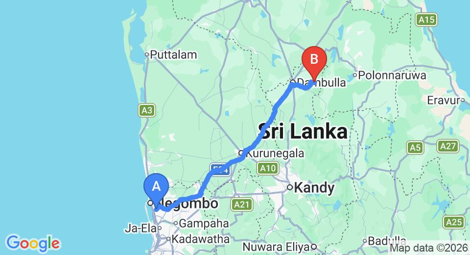 Driving route map: Colombo Airport (CMB) to Dunvila Cottage, Wasgamuwa (146 km, approx 3 h 14 min private transfer)