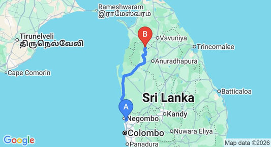 Driving route map: Colombo Airport (CMB) to Thanthirimale (204 km, approx 4 h 29 min private transfer)