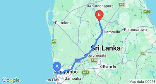 Driving route map: Colombo Airport (CMB) to Kekirawa (149 km, approx 3 h 10 min private transfer)
