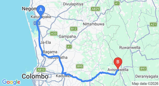 Driving route map: Colombo Airport (CMB) to Avissawella (69 km, approx 1 h 38 min private transfer)