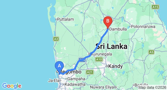 Driving route map: Colombo Airport (CMB) to Governor's Grand, Dambulla (129 km, approx 2 h 47 min private transfer)
