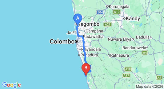 Driving route map: Colombo Airport (CMB) to Cocoon Resort and Villas, Induruwa (114 km, approx 1 h 51 min private transfer)