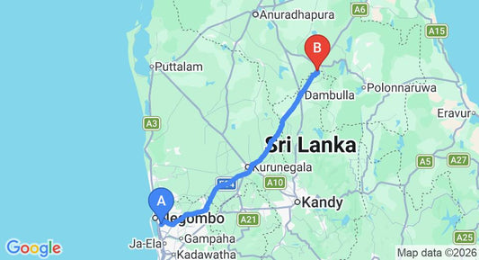 Driving route map: Colombo Airport (CMB) to Kumbukgaha Villa, Sigiriya (148 km, approx 3 h 16 min private transfer)