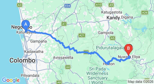 Driving route map: Colombo Airport (CMB) to Araliya Green Hills Hotel, Nuwara Eliya (154 km, approx 4 h 44 min private transfer)
