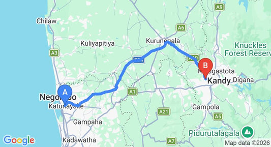 Driving route map: Colombo Airport (CMB) to Muruthalawa (107 km, approx 2 h 37 min private transfer)