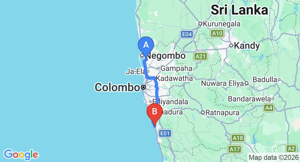 Driving route map: Colombo Airport (CMB) to Gedara, Kalutara (83 km, approx 1 h 30 min private transfer)
