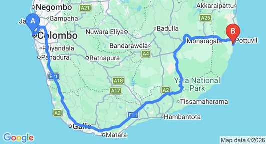 Driving route map: Colombo Seaport to Arugam Bay (413 km, approx 6 h 25 min private transfer)