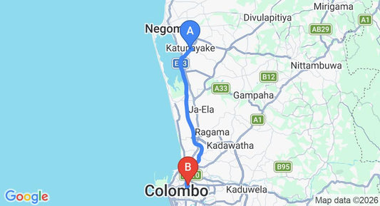 Driving route map: Colombo Airport (CMB) to Dematagoda (30 km, approx 35 min private transfer)