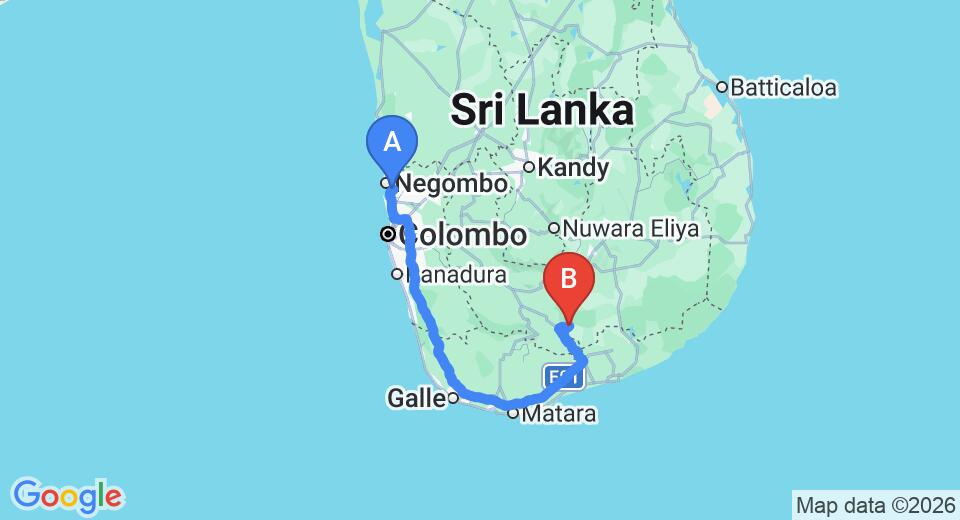 Driving route map: Colombo Airport (CMB) to Hantara Udawalawe, Udawalawe (264 km, approx 3 h 46 min private transfer)