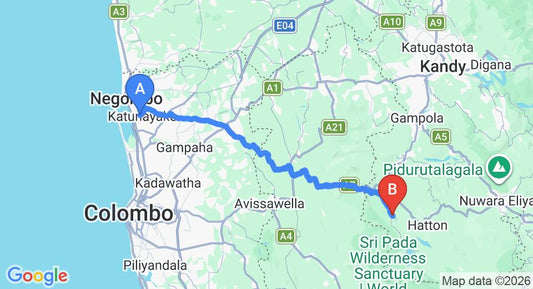 Driving route map: Colombo Airport (CMB) to Maskelioya Family Park Resort, Hatton (102 km, approx 3 h 19 min private transfer)