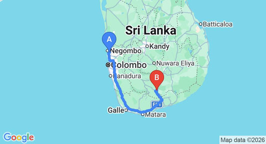Driving route map: Colombo Airport (CMB) to Lotus Chalets, Udawalawe (260 km, approx 3 h 39 min private transfer)