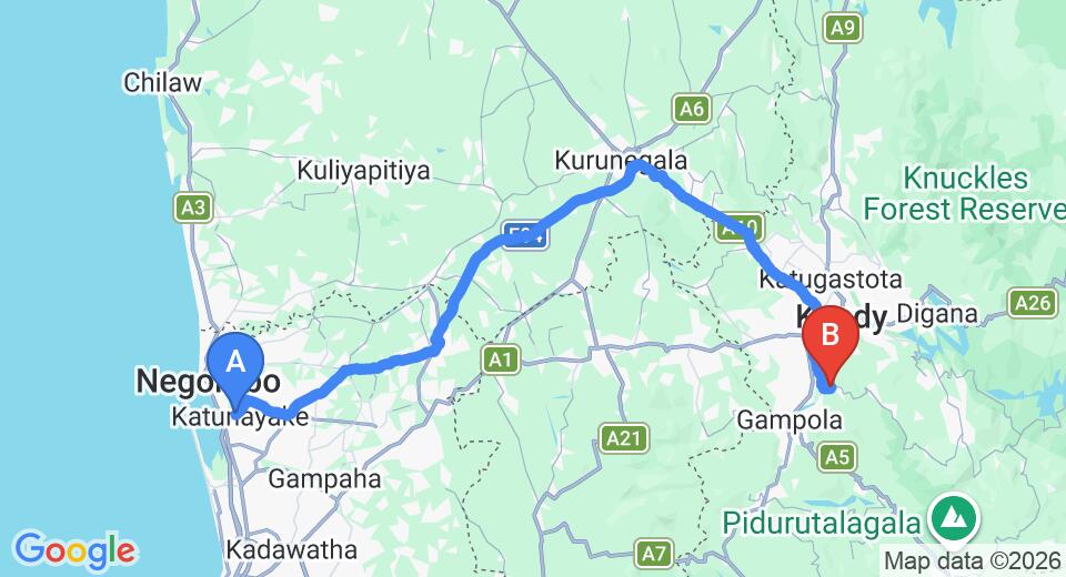 Driving route map: Colombo Airport (CMB) to Sati Villa, Kandy (123 km, approx 3 h 10 min private transfer)