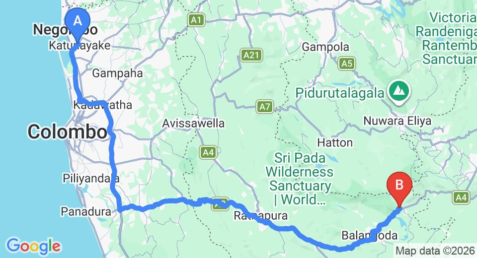 Driving route map: Colombo Airport (CMB) to Back of Beyond - Belihul Oya, Belihuloya (179 km, approx 4 h 8 min private transfer)