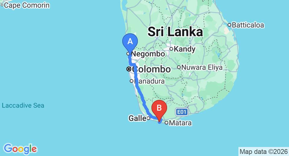 Driving route map: Colombo Airport (CMB) to Eraeliya Villas and Gardens, Weligama (174 km, approx 2 h 29 min private transfer)