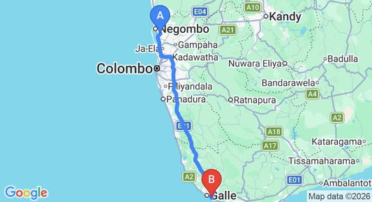 Driving route map: Colombo Airport (CMB) to Unawatuna (152 km, approx 2 h 6 min private transfer)