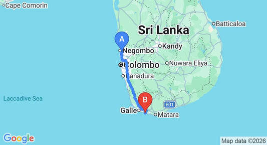 Driving route map: Colombo Airport (CMB) to South Point Villa, Ahangama (165 km, approx 2 h 20 min private transfer)