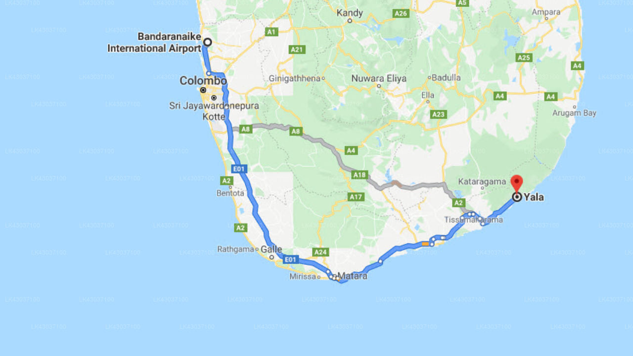 Transfer between Colombo Airport (CMB) and Yala Village, Yala