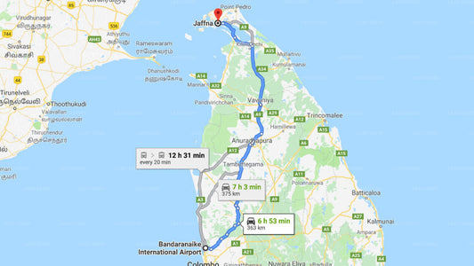 Transfer between Colombo Airport (CMB) and Pillaiyar Inn, Jaffna